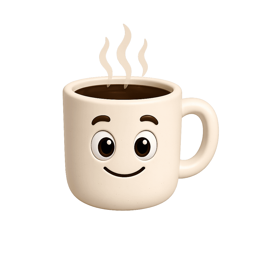 Chuck, the ChuckWorks.AI mascot: a friendly cream ceramic coffee mug with steam and a warm smile